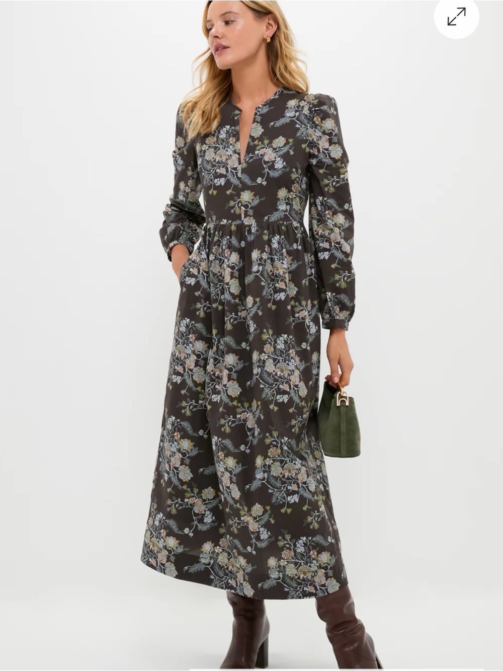 HYACINTH HOUSE Long Sleeve Brown Multi Floral Oslo Midi Dress